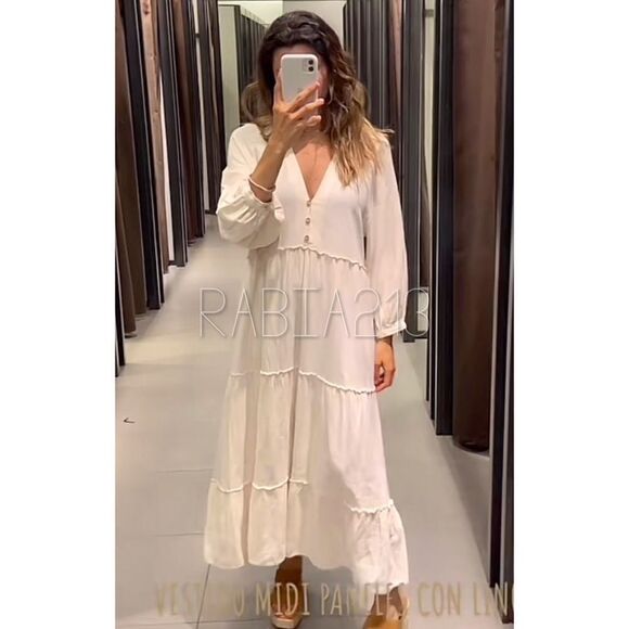 ZARA BOHO LINEN BLEND TIERED MIDI DRESS - Picture 3 of 15